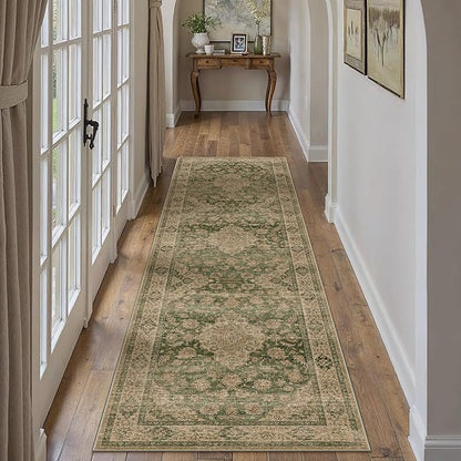 HUGEAR 2x8 Runner Rug Hallway Machine Washable Retro Green Vintage Floral Low Pile Carpet Distressed Long Throw Rug Bedroom Office Bathroom Kitchen Laundry Non Slip Soft Lightweight