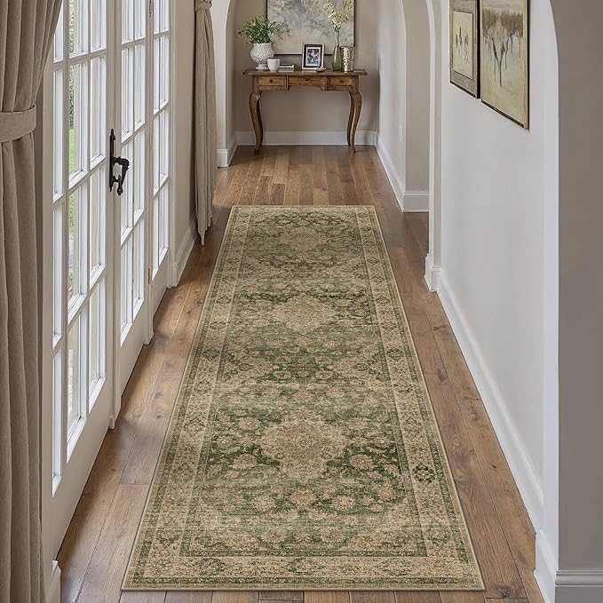 HUGEAR 2x10 Runner Rug Hallway Machine Washable Retro Green Vintage Floral Low Pile Carpet Distressed Long Throw Rug Bedroom Office Bathroom Kitchen Laundry Non Slip Soft Lightweight