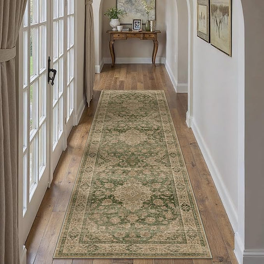 HUGEAR 2x10 Runner Rug Hallway Machine Washable Retro Green Vintage Floral Low Pile Carpet Distressed Long Throw Rug Bedroom Office Bathroom Kitchen Laundry Non Slip Soft Lightweight