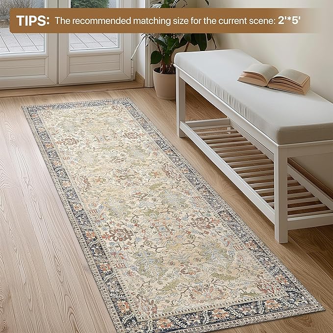 Bavni Area Rug 3x5, Non-Slip Washable Rugs for Living Room Office, Boho Distressed Printed Rug, Low Pile Foldable Decorative Carpet for Bedroom Kitchen Office, Ivory/Teal