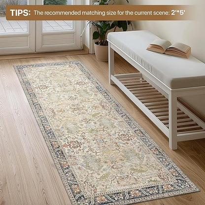Bavni Area Rug 3x5, Non-Slip Washable Rugs for Living Room Office, Boho Distressed Printed Rug, Low Pile Foldable Decorative Carpet for Bedroom Kitchen Office, Ivory/Teal