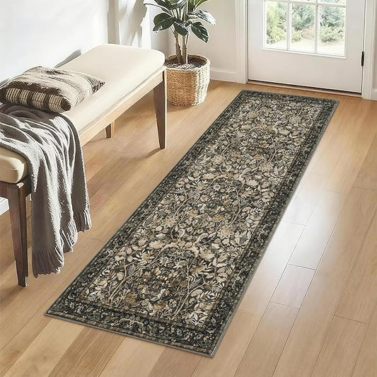 Washable Runner Rug 2x6: Vintage Boho Floral Carpet Runners for Hallway Entryway Non-Slip - Soft Botanical Low Pile Thin Mat for Kitchen Bathroom Bedroom Laundry Floor Decor - Dark Brown