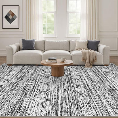 Nakagishi Bedroom Rug Area Rugs 4x6: Washable Boho Neutral Farmhouse Stain Resistant Moroccan Non-Slip Throw Carpet for Women Modern Home Enthusiast Aged 25-40 - Entryway Kitchen Bedside - Black White