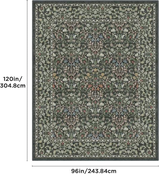 Bavni 8x10 Area Rugs for Living Room, Floral Rug Machine Washable Non Slip, Vintage Boho Forest Carpet, Soft Low Pile Thin Lightweight Rugs for Bedroom, Farmhouse, Dining Room Office, Emerald Green