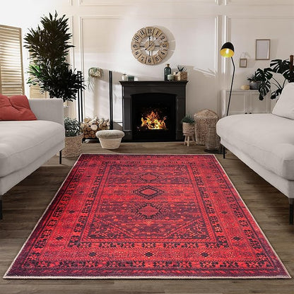 Bloom Rugs Washable Non-Slip 4' x 6' Rug - Red Traditional Bordered Area Rug for Living Room, Bedroom, Dining Room, and Kitchen - Exact Size: 4' x 6'