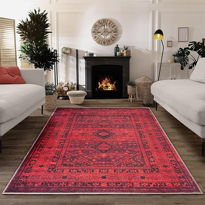 Bloom Rugs Washable Non-Slip 5' x 7' Rug - Red Traditional Bordered Area Rug for Living Room, Bedroom, Dining Room, and Kitchen - Exact Size: 5' x 7'