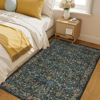 DUKINO 4x6 Rugs for Living Room, Lightweight Non Slip Washable Rug with Low Pile Design, Vintage Floral Non-Shedding Soft Carpet for Living Room, Bedroom, Farmhouse, Office, Bathroom, Blue