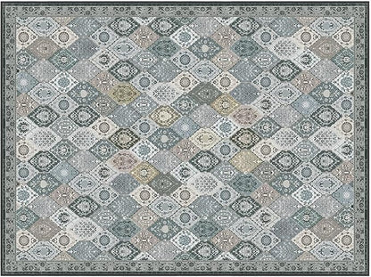 Phantoscope Washable Area Rug 9'x12' Non-Slip, Vintage Boho Rugs for Living Room, Bedroom, Dining Room, Distressed Moroccan Mosaic Diamond Pattern, Low-Pile Foldable Floor Carpet, Grey Charcoal