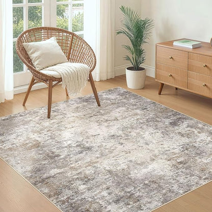 Square Area Rugs : Washable 5x5 Neutral Modern Abstract Carpet for Living Room Bedroom - Soft Floor Mat with Non Slip Backing for Kitchen Nursery Dorms Farmhouse Home Decor - Brown Grey