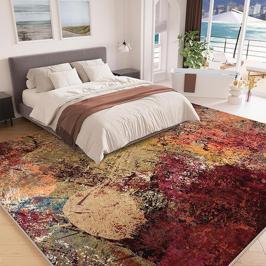 Arbosofe Modern Abstract Rug for Living Room, 8'x10' Washable Area Rug with Non-Slip Backing & Short Pile, Large Carpet with Abstract Pattern for Living Room Bedroom and Dining Floor Carpet Red Orange