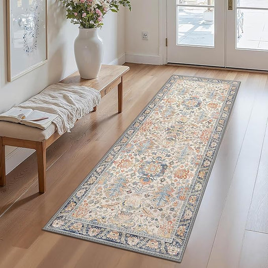Bavni Runner Rug, Machine Washable Rugs for Bedroom 2x5, Non Slip Boho Rugs with Rubber Backing, Ultra-Thin Folable Rug Runner for Hallways Bathroom, Teal/Multi