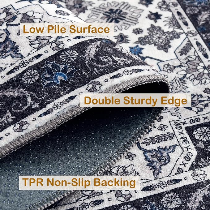 Washable Rug 9x12,Boho Vintage Oriental Washable Rugs,Collapsible Area Rug for Bedroom, Entryway, Kitchen, Bathroom