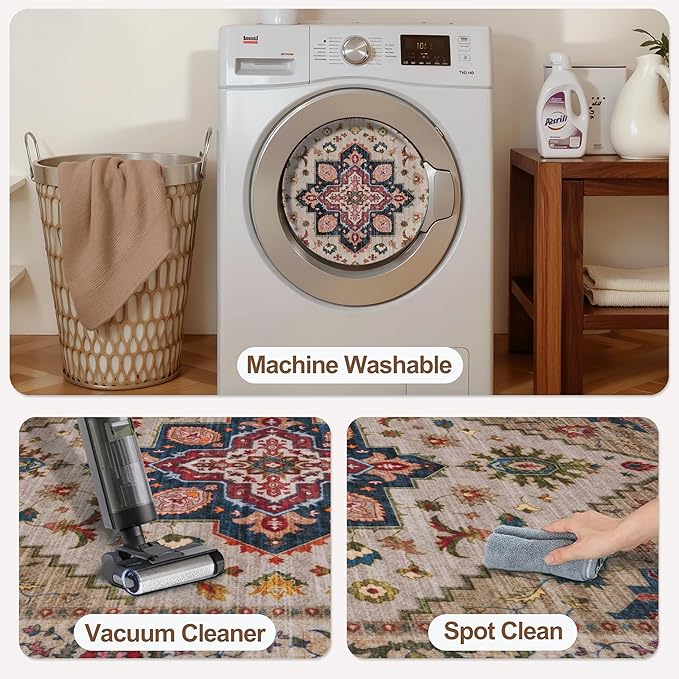 Tangsoo 3x5 Washable Rug, Vintage Rugs Indoor Area Rugs, Boho Non Slip Accent Rug Carpet, Soft Low Pile Rugs for Living Room Dorm Bedroom Bedside Entryway Bathroom Home Decor Beige
