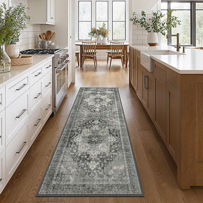 GENIMO 2x5 Runner Rugs for Hallway, Machine Washable Non Slip Vintage Rugs, Low Pile Lightweight Soft Print Rug for enrtyway, Corridor, Home Office, Kitchen, Charcoal Gray