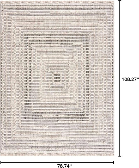 Hauteloom Lunao Living Room, Bedroom Area Rug - Geometric, Solid & Striped - Charcoal, Cream, Peach - 6'7" x 9'