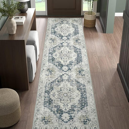 jinchan Kelda Runner Rug 3x10 Washable Rug Soft Hallway Runner Indoor Vintage Print Floor Cover Retro Distressed Lightweight Non-Slip Thin Carpet for Bathroom Kitchen Living Room Bedroom Grey