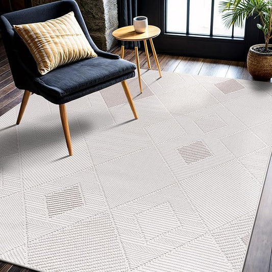 CAMILSON Micro Loop Rug 5x7 Modern Luxury Geometric Diamond Trellis Area Rugs Soft High and Low Pile Stain Resistant Easy-Cleaning Non-Shedding for Living Room Office Indoor Carpet (5 x 7 White-Beige)