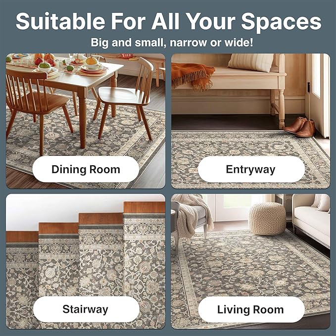 Well Woven Asha Rome Charcoal Brown 9'10" x 13' Area Rug - Oriental Floral Pattern, Easy Clean, Floor-Friendly Backing - for Living Room, Bedroom, and Dining Room