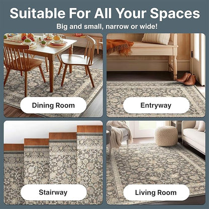 Well Woven Asha Rome Charcoal Brown 2'3" x 7'3" Runner Rug - Oriental Floral Pattern, Easy Clean, Floor-Friendly Backing - for Hallway, Entryway, and Kitchen
