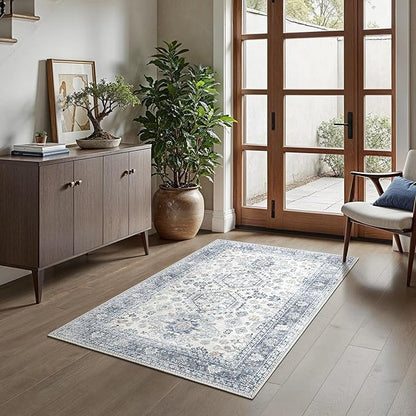 Bavni 3x5 Area Rug for Living Room Bedroom, Washable Boho Print Vintage Aesthetic Rug, Ultra-Thin Low Pile Rugs for Entryway Playroom with Non Slip Backing, Light Blue