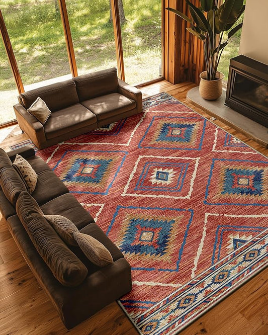 Area Rug 10x14 Rug Machine Washable Non-Slip Low Pile Print Pattern Western Rug for Living Room Bedroom Entryway Tribal Series -Red/Orange
