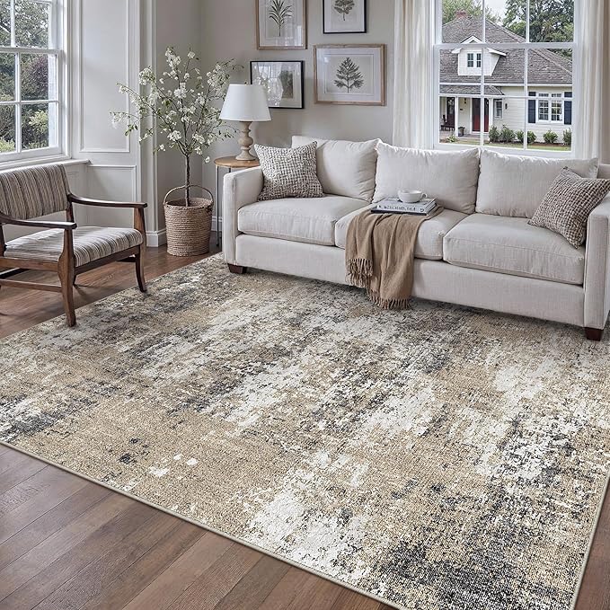 4x6 Abstract Area Rug Brown Washable Modern Neutral Office Carpet Non Slip Ultra Soft Indoor Entry Low Pile Small Door Mat Bedroom Contemporary Throw Rug for Kitchen Laundry Dinging Room