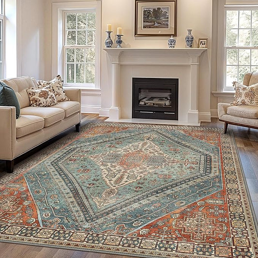 Bavni Washable Rug 8x10 Area Rug for Living Room Bedroom Dining, Washable Vintage Print Carpet, Ultra-Thin Chenille Low Pile Lightweight Rug with Non Slip Backing, Light Red/Blue