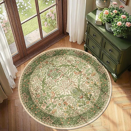 4ft Round Area Rugs for Living Room, Washable Floral Circle Rug Non Slip Low Pile, Vintage Boho Botanical Birds Throw Carpet for Farmhouse, Bedroom, Dining Room, Retro Pink/Green