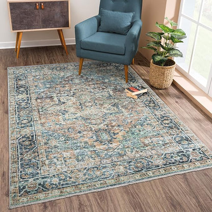 Bloom Rugs Caria Washable Non-Slip 3x5 Rug - Blue Green/Tangerine Traditional Area Rug for Living Room, Bedroom, Dining Room, and Kitchen - Exact Size: 3' x 5'