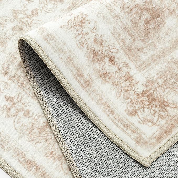 Runner Rug 2x6 Cream Hallway Washable Beige Carpet Non Slip Vintage Medallion Beige Carpet Low Pile Soft Distressed Retro Indoor Long Rug for Entryway Kitchen Bathroom Laundry Bedroom