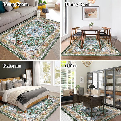 U'Artlines Boho Vintage Area Rug 4x6 Machine Washable Low Pile Soft Floor Carpet Non Slip Non Shedding Accent Rug for Living Room Bedroom Entryway Dining Room Office Green