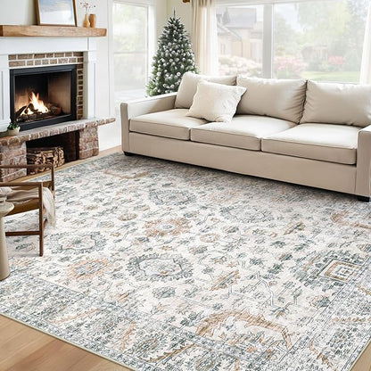 Area Rug 6x9 Living Room Rug, Machine Washable Vintage Distressed Boho Area Rug Non-Slip Soft Low Pile Large Indoor Rugs for Bedroom Kitchen Dining Room Office(Brown Green,6'x9')