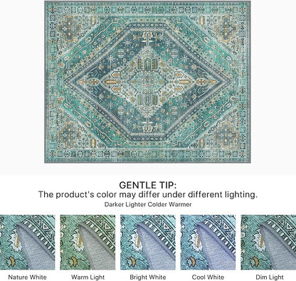 Bavni Washable Rug 8x10 Area Rug for Living Room Bedroom Dining, Washable Vintage Print Carpet, Ultra-Thin Chenille Low Pile Lightweight Rug with Non Slip Backing, Blue/Green
