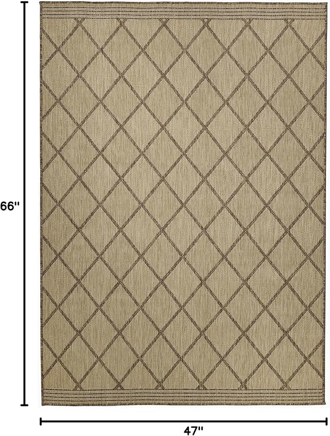 FH Home Flat Woven Outdoor Rug - Waterproof, Easy to Clean, Stain Resistant - Premium Polypropylene Yarn - Moroccan Geo Lattice - Patio,Deck,Porch,Balcony,Laundry - Tunis - Sand - 3ft 11 in x 5ft 6in