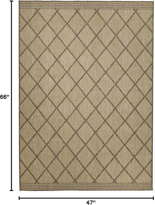 FH Home Flat Woven Outdoor Rug - Waterproof, Easy to Clean, Stain Resistant - Premium Polypropylene Yarn - Moroccan Geo Lattice - Patio,Deck,Porch,Balcony,Laundry - Tunis - Sand - 3ft 11 in x 5ft 6in