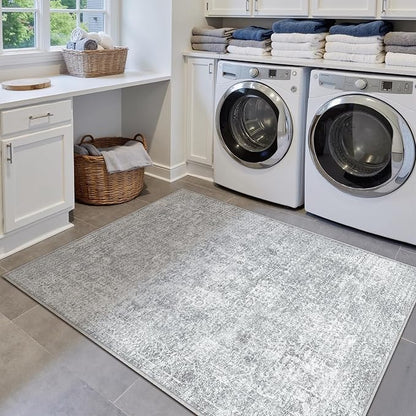 3x5 Area Rug Washable Vintage Entryway Living Room Carpet Indoor Office Non Slip Grey Entrance Distressed Low Pile Retro Accent Throw Rug for Dining Room Bathroom Bedroom Laundry