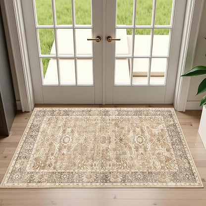 2x3 Entryway Rug Beige Washable Vintage Rugs for Entryway Kitchen Low Pile Non-Slip Door Mat Traditional Distressed Small Throw Area Rugs for Kitchen Entrance Bathroom Beige