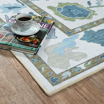 Fame Living Green Oushak Rug, Modern, Vintage, Turkish, Eclectic, Floral, Pastel, Washable, Oversized, Extra Large Area Rugs for Living Room, Dining, Bedroom, Lounge 9'5"x14'
