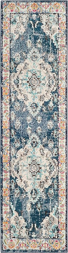 SAFAVIEH Monaco Collection Runner Rug - 2'2" x 16', Navy & Light Blue, Boho Chic Medallion Distressed Design, Non-Shedding & Easy Care, Ideal for High Traffic Areas in Living Room, Bedroom (MNC243N)