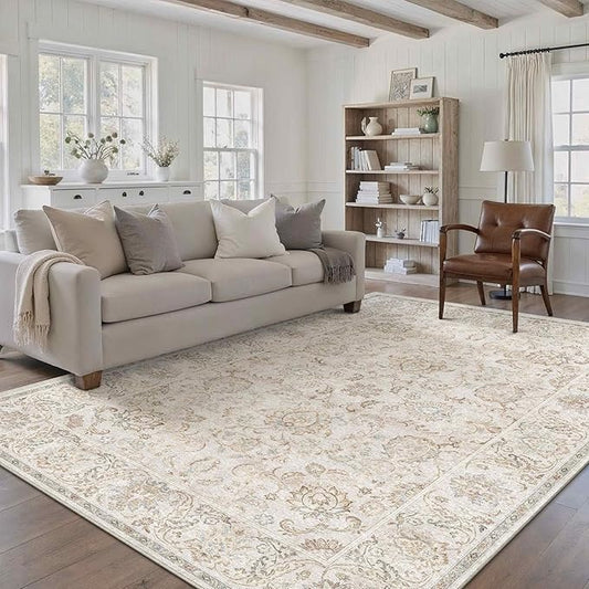 HUGEAR 5x7 Machine Washable Area Rugs Vintage Grey - Neutral Living Room Bedroom Rug Non Slip Stain Resistant Low Pile Aesthetic Throw Carpet Kids & Pet Friendly
