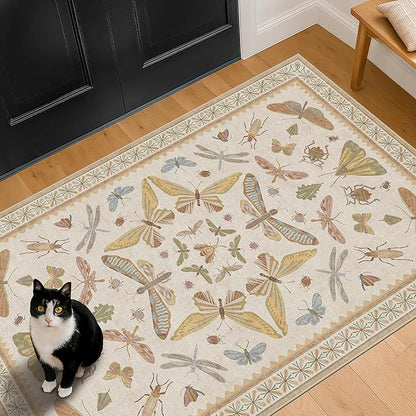 Beige Neutral Small Rugs for Bedroom - 3x4 Throw Rug for Large Entryway, Kitchen, Nursery Room, Insect Print Floral Non-Slip Accent Rug Low Pile Stain Resistant