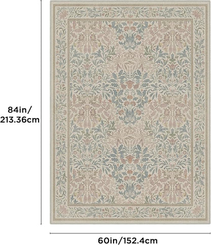 Bavni Floral Beige Pink Area Rugs 5x7, Vintage Boho Carpet Machine Washable, Non Slip Soft Low Pile Thin Rug for Bedroom, Living Room, Dining Room, Nursery