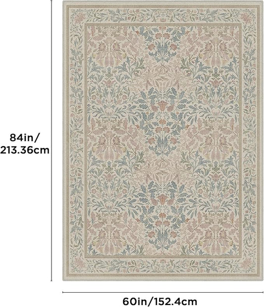 Bavni Floral Beige Pink Area Rugs 5x7, Vintage Boho Carpet Machine Washable, Non Slip Soft Low Pile Thin Rug for Bedroom, Living Room, Dining Room, Nursery