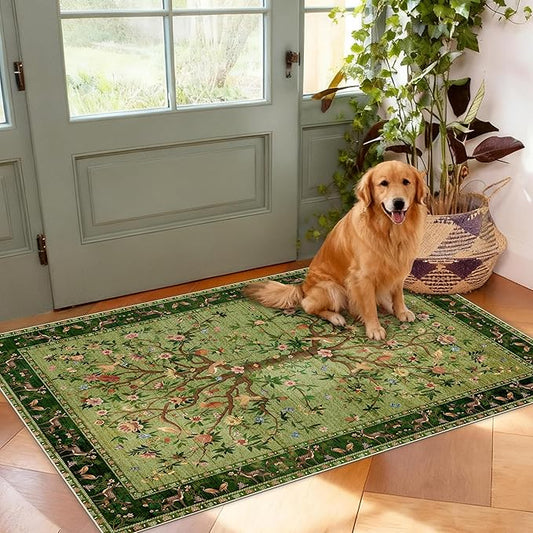 Door Mat Entryway Rug 2x3, Machine Washable Non-Slip Small Area Rug, Boho Floral Low Pile Throw Rugs for Entrance, Front Door, Entry, Kitchen, Kids Room（Green）