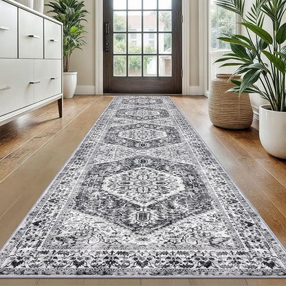 KOZYFLY Long Runners for Hallways 2x10 Ft Washable Kitchen Runner Rug Boho Runner Rug for Entryway Indoor Printed Faux Wool Stair Runner Floor Carpet for Stair Kitchen Hall, Grey