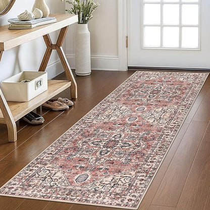 KOZYFLY Runners for Hallways 2x6 Ft Washable Kitchen Runner Rug Boho Runner Rug for Entryway Indoor Printed Oriental Faux Wool Floor Carpet Runner for Bedroom Kitchen Hall, Terracotta/Beige