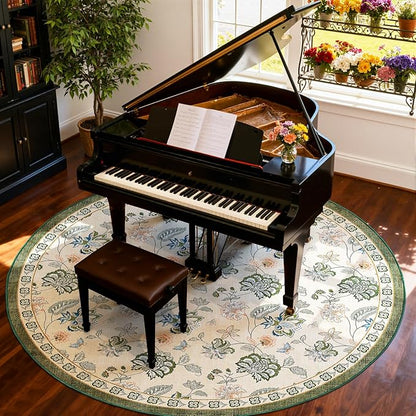 jinchan Elora 8ft Floral Round Rug for Dining Room Washable Living Room Rug Vintage Romance Design Non Slip Indoor Floor Cover Lightweight Low-Profile Throw Carpet for Bedroom Porch Patio, Green/Beige