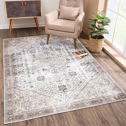 Bloom Rugs Washable Non-Slip 6' x 9' Rug - Sand/Orange/Purple Traditional Medallion Area Rug for Living Room, Bedroom, Dining Room, and Kitchen - Exact Size: 6' x 9'