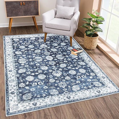 Bloom Rugs Washable Non-Slip 6' x 9' Rug - Dark Blue Traditional Bordered Area Rug for Living Room, Bedroom, Dining Room, and Kitchen - Exact Size: 6' x 9'