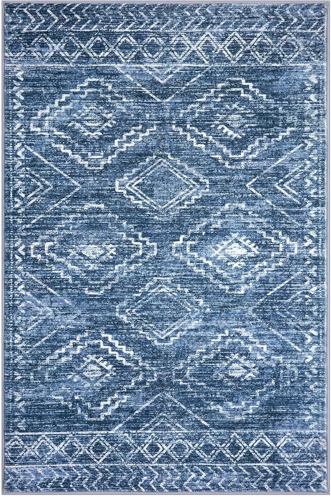 KILOCOCO Boho Entryway Rug 3x5 Area Rug Washable Non Slip Printed Throw Rugs Soft for Kitchen Living Room Dining Bedroom Geometric Moroccan Carpet, Stonewashed Blue